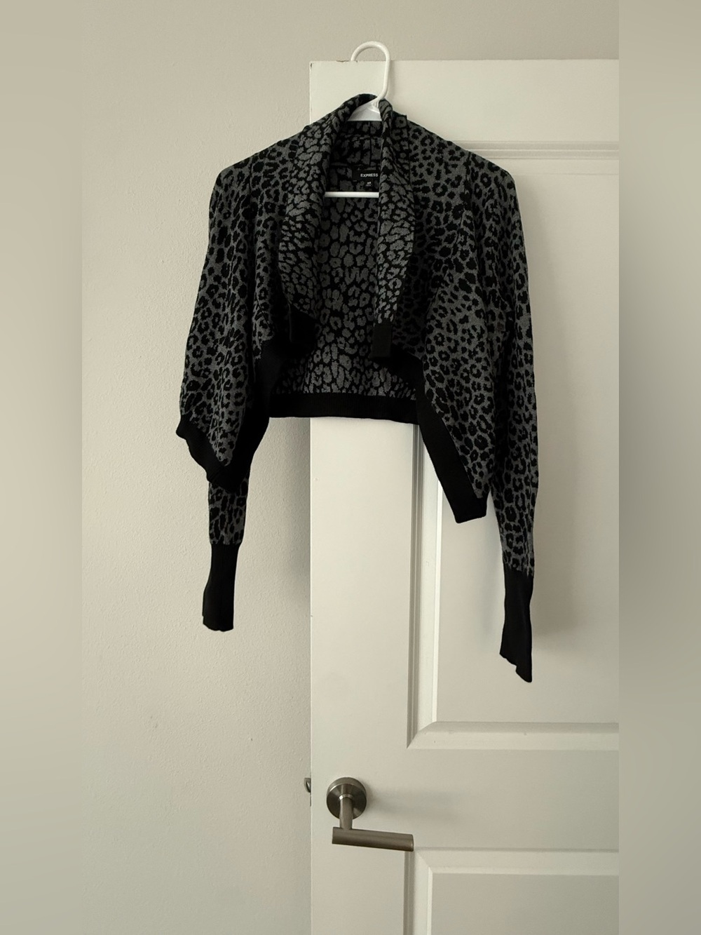 Express Black and Gray Leopard Print Cropped Cardigan